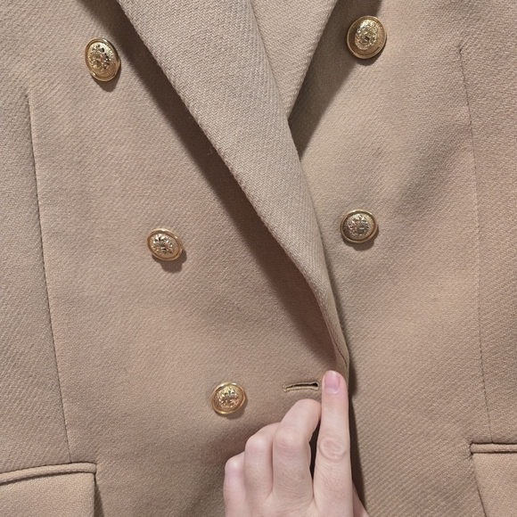 Zara Double Breasted Tan Wool Coat Made In Italy with Gold Accents - Picture 2 of 5